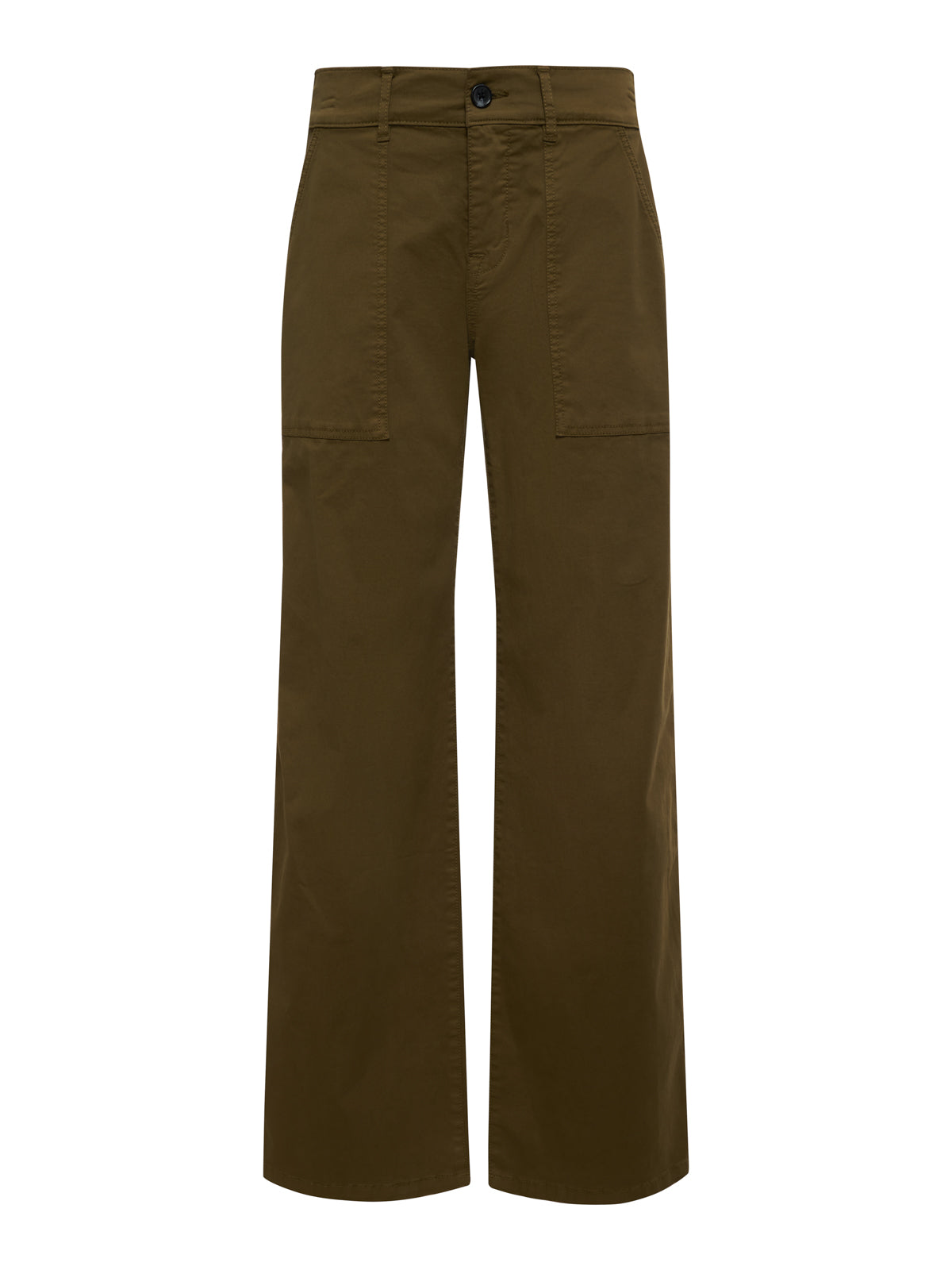 The Sanctuary Clothing cruiser full length pant in dirty martini is an olive green, high-waisted, wide-leg style featuring a front button and zip closure plus two large front patch pockets.