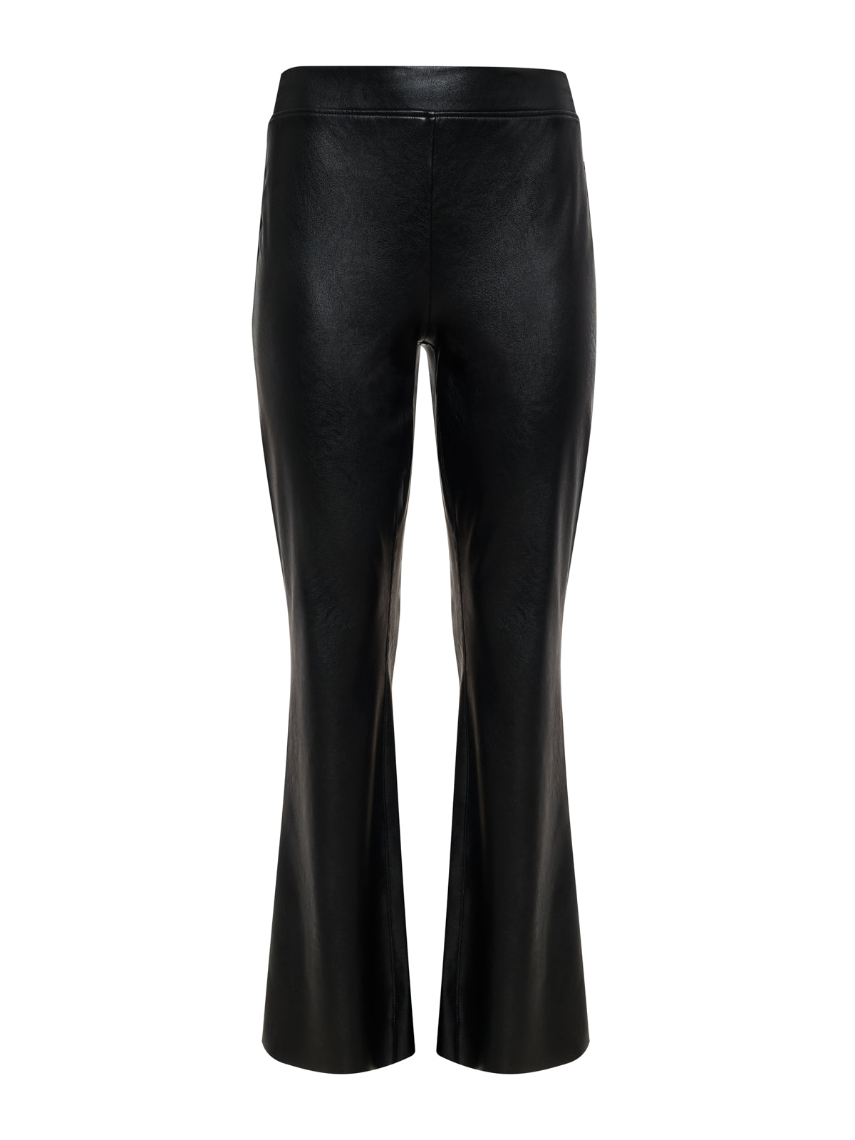 The Sanctuary Clothing Tango Legging Black features a high waist and flared legs, crafted from black faux leather and shown against a white background.