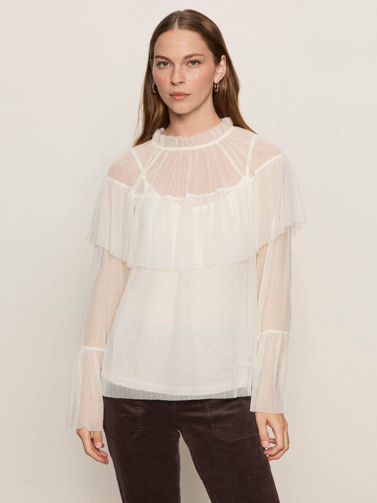 A woman with long brown hair models Sanctuary Clothing's "the ethereal blouse chalk," a sheer white ruffled, long-sleeve high-neck top, paired with dark pants, against a plain light background.