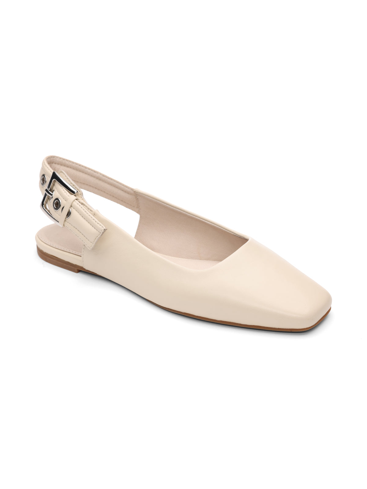 The "kitchy eco natural" by Sanctuary Clothing is a cream-colored slingback flat featuring a square toe, adjustable strap, low heel, minimalist design, and smooth finish on a light brown sole.
