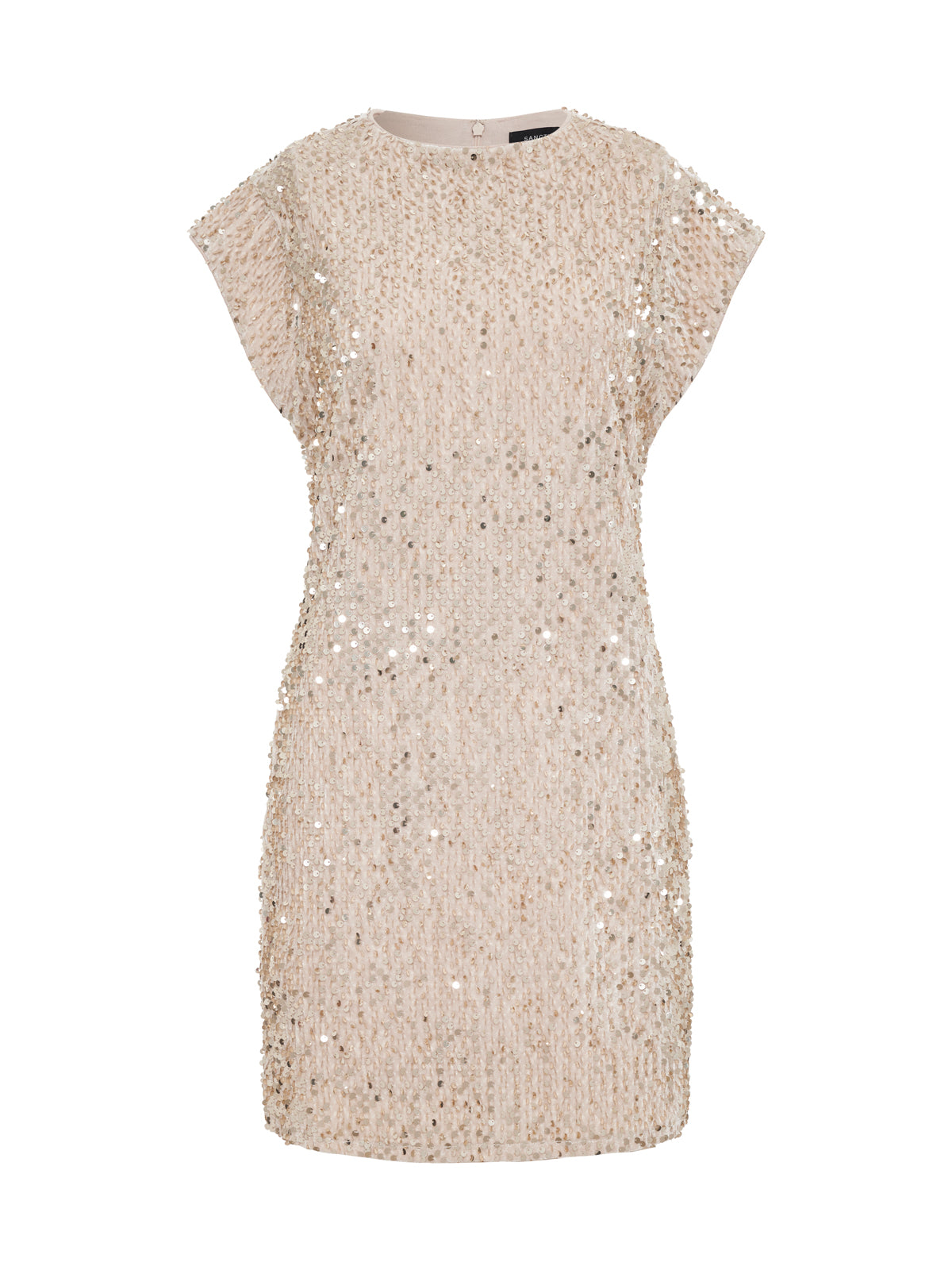 The "An Affair to Remember" dress by Sanctuary Clothing is a knee-length, short-sleeved beige piece adorned with shimmering sequins and small embellishments, shown against a white background.