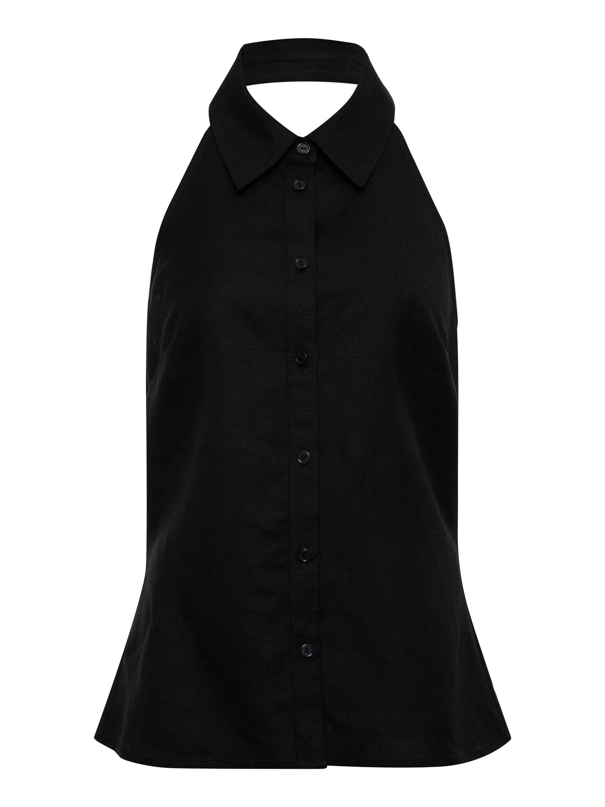 The long weekend tank black by Sanctuary Clothing: a sleeveless halter top with a collar, button-down front, fitted bodice, and subtly flared hem.