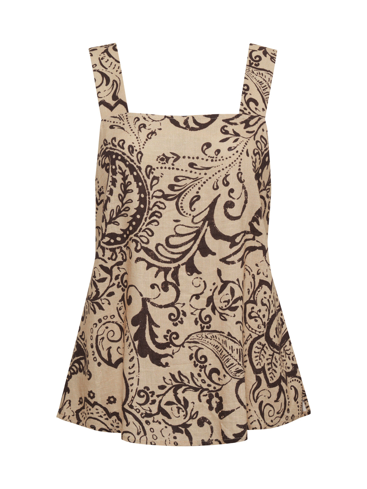 The Sanctuary Clothing desert tank desert bandana is a beige sleeveless top with wide straps, a flared hem, and an intricate dark brown paisley and floral pattern.