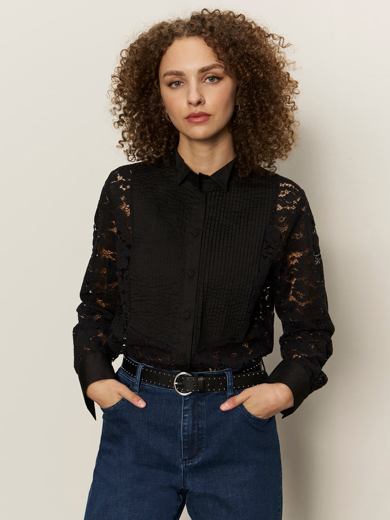 Serendipity Lace Tuxedo Shirt Black