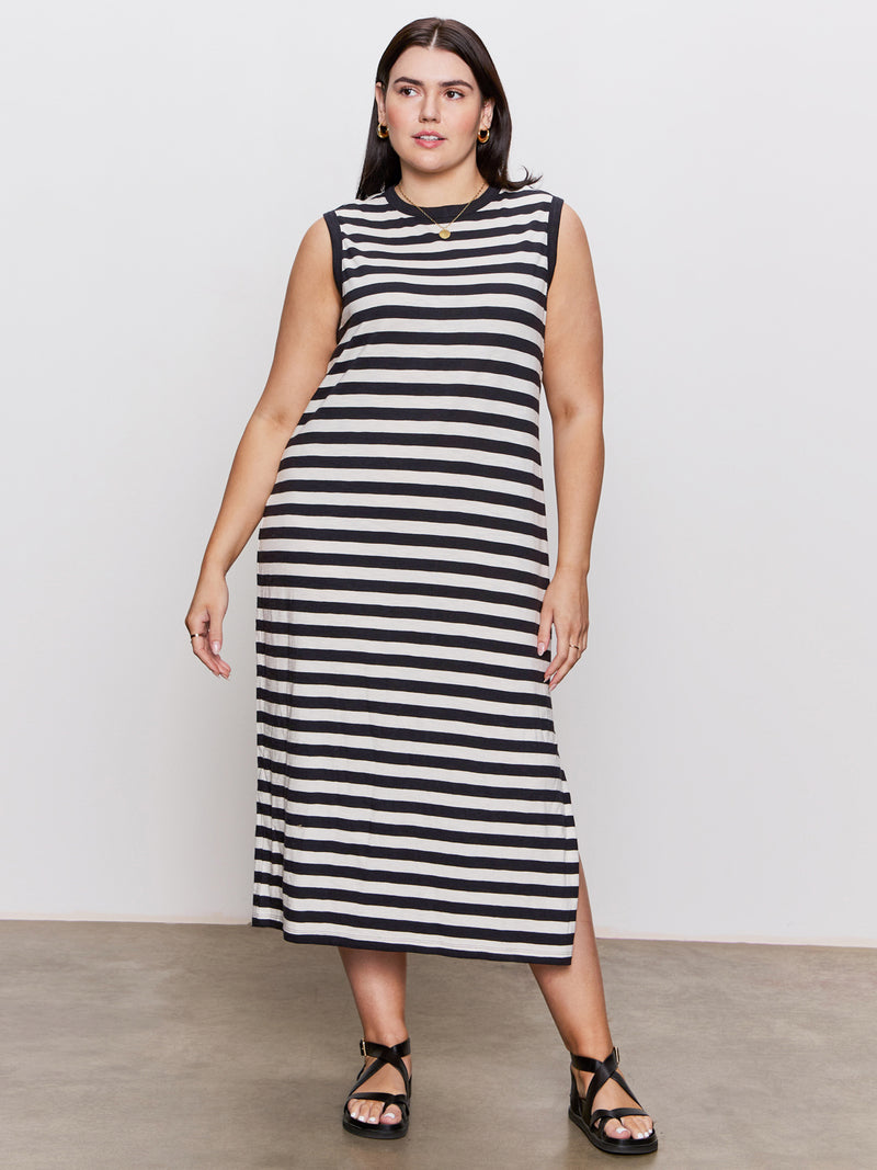 Contrast Trim Maxi Dress Black Macrame Stripe Extended Sizing