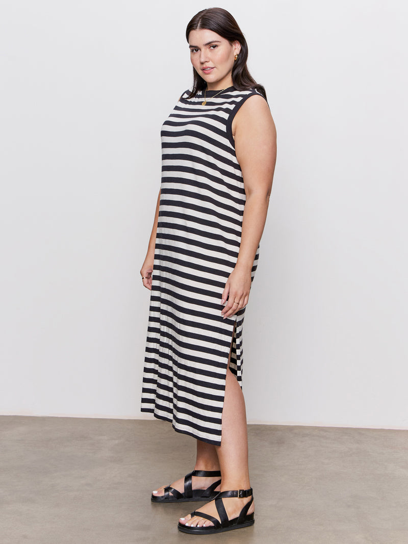 Contrast Trim Maxi Dress Black Macrame Stripe Extended Sizing alt 3