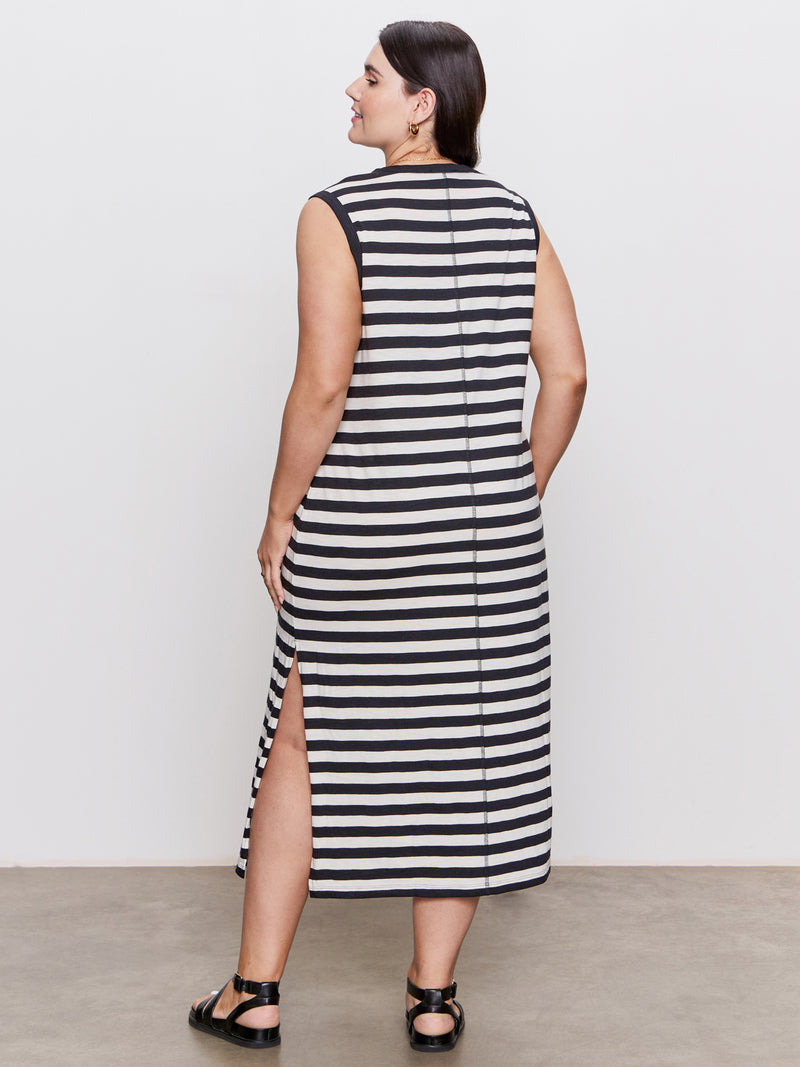 Contrast Trim Maxi Dress Black Macrame Stripe Extended Sizing alt 1