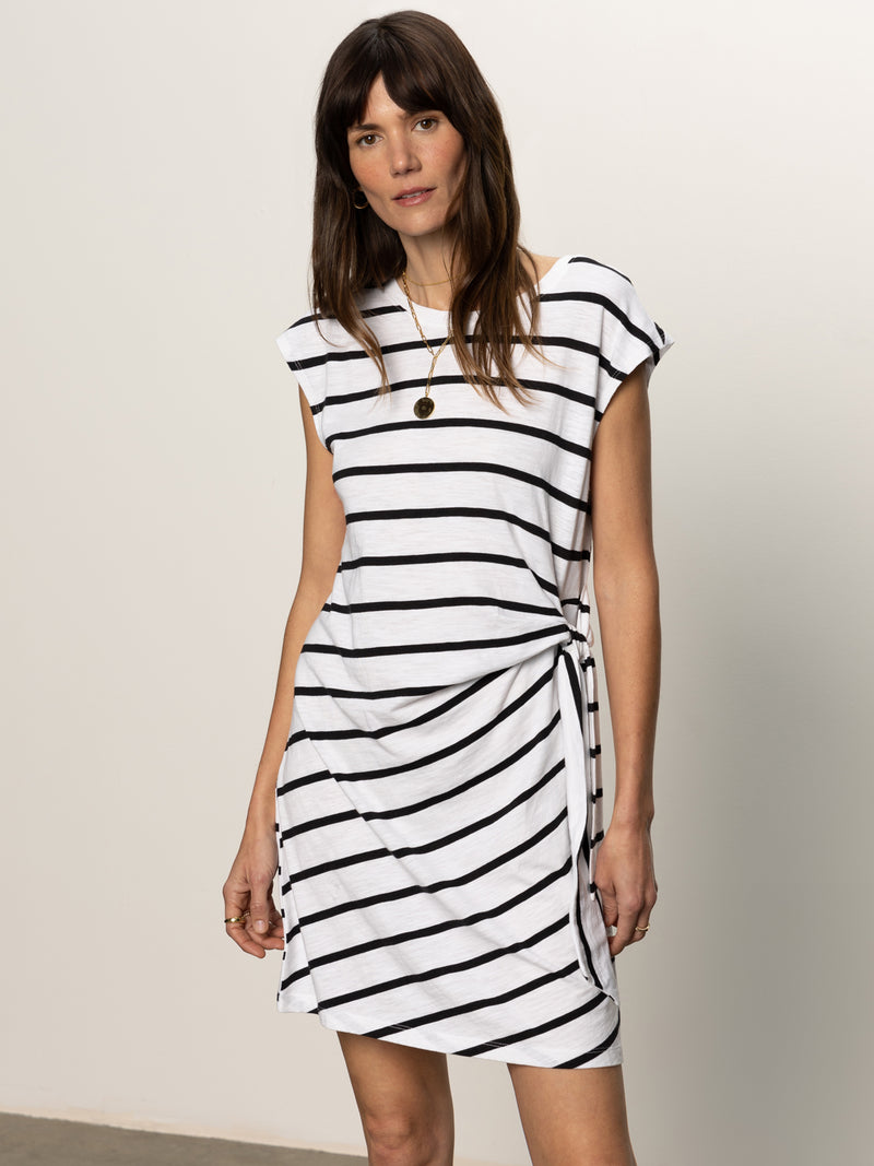 Side Tie T-Shirt Dress White Black Stripe alt 1