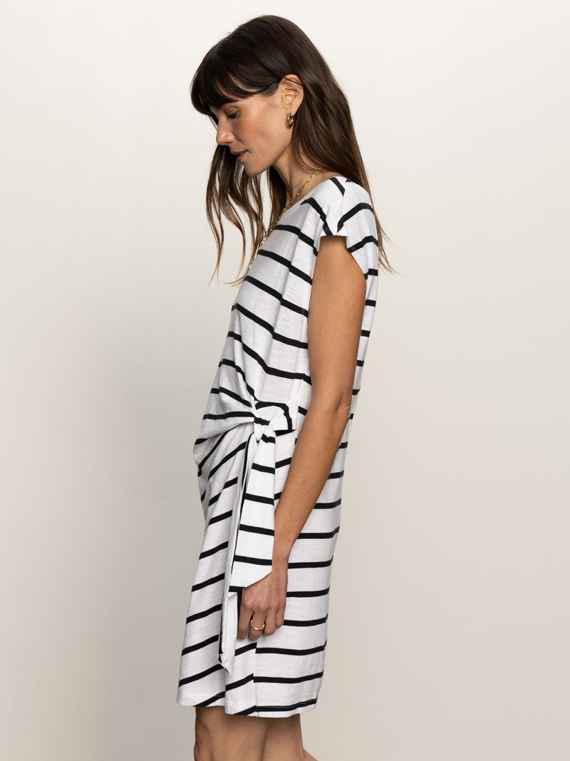 Side Tie T-Shirt Dress White Black Stripe alt 3