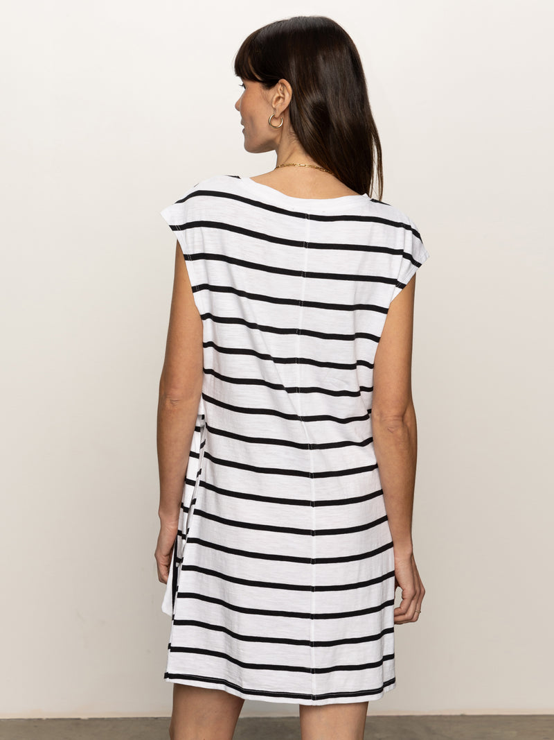 Side Tie T-Shirt Dress White Black Stripe alt 2