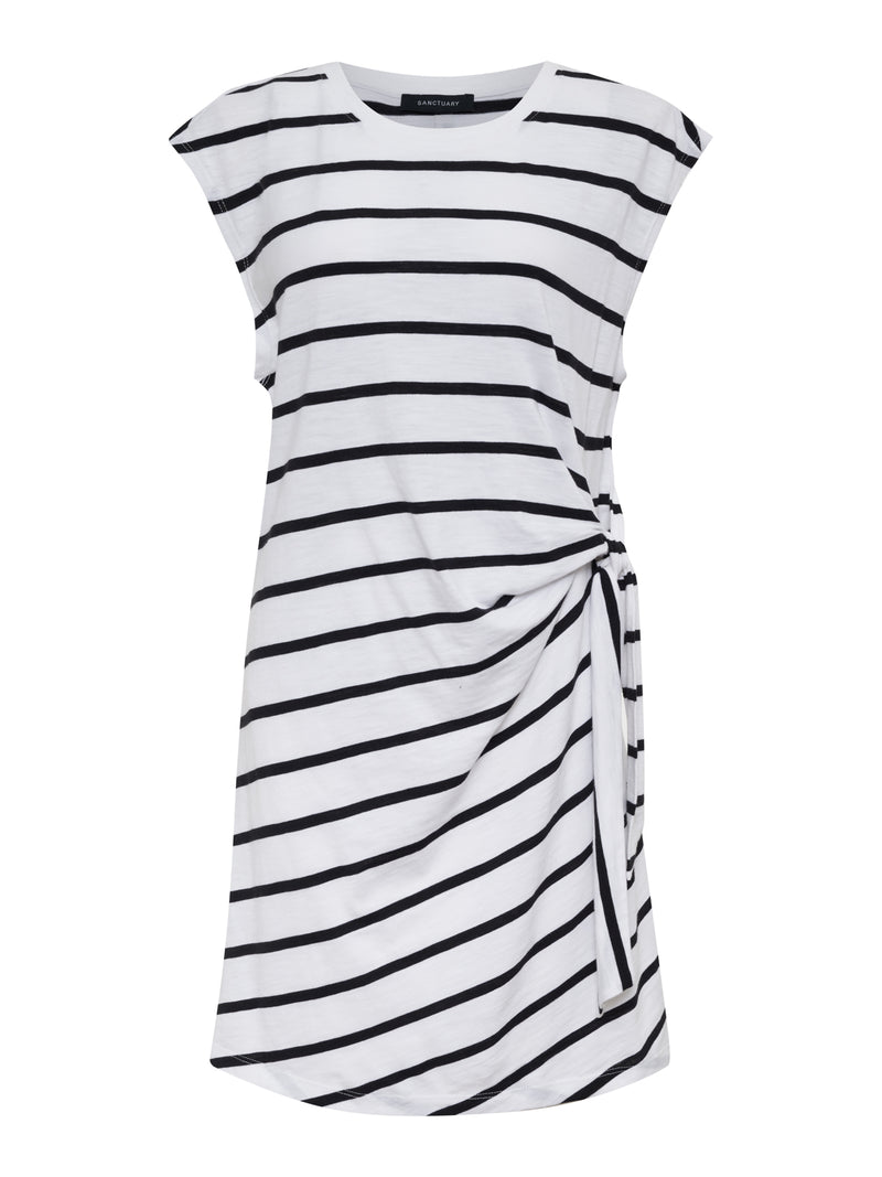 Side Tie T-Shirt Dress White Black Stripe alt 5