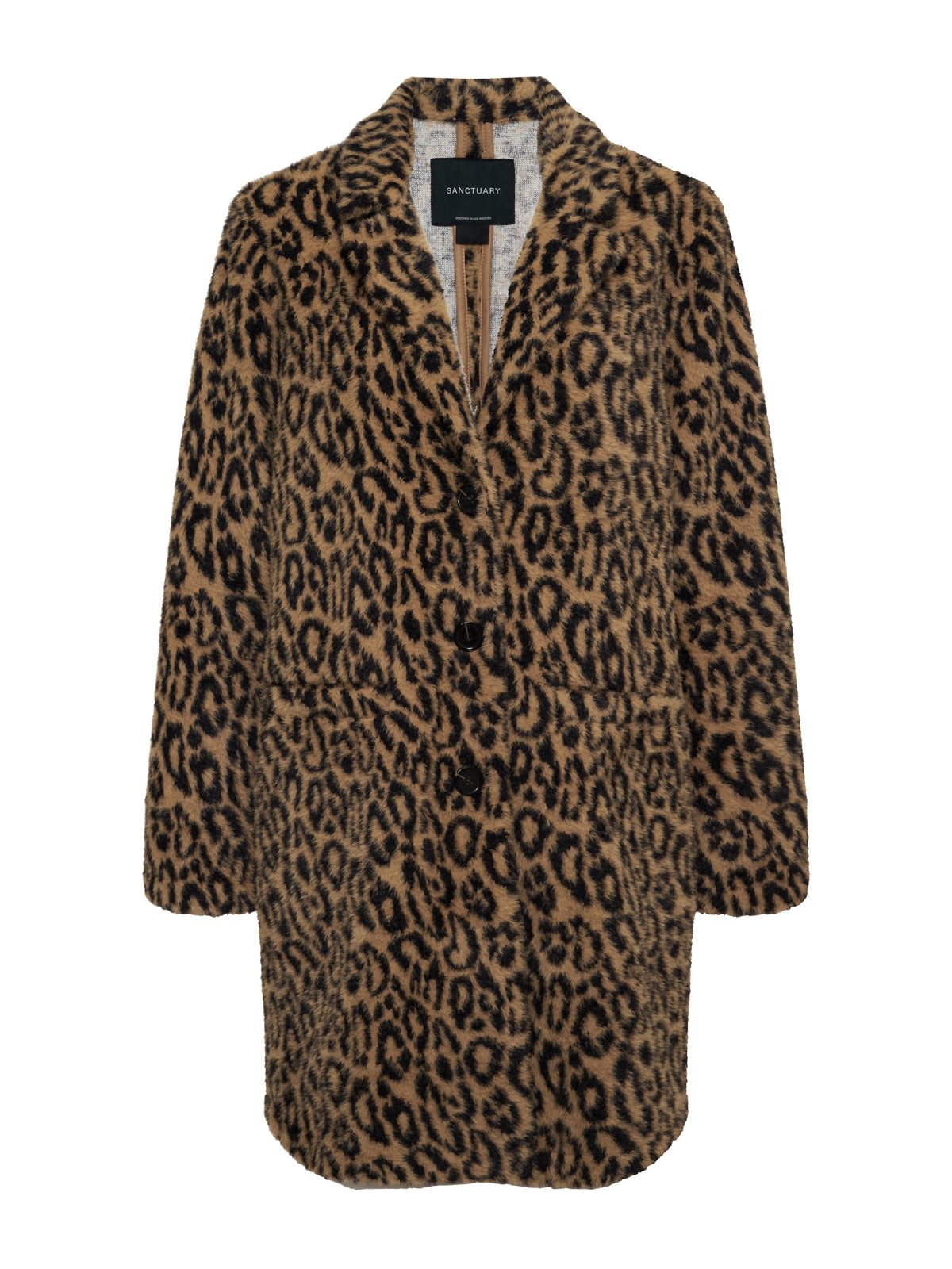 The Sanctuary Clothing hometown jacket lynx extended sizing is a long-sleeve, knee-length faux fur coat with a brown and black leopard print, notched collar, and hidden front closure.