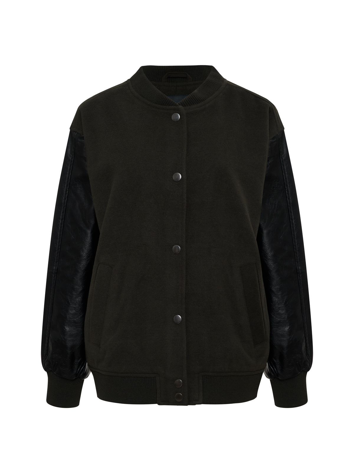 The Sanctuary Clothing club varsity jacket in midnight olive, available in extended sizing, features a button-up front, ribbed collar, cuffs and hem, soft fabric body with faux leather sleeves, and two front pockets.