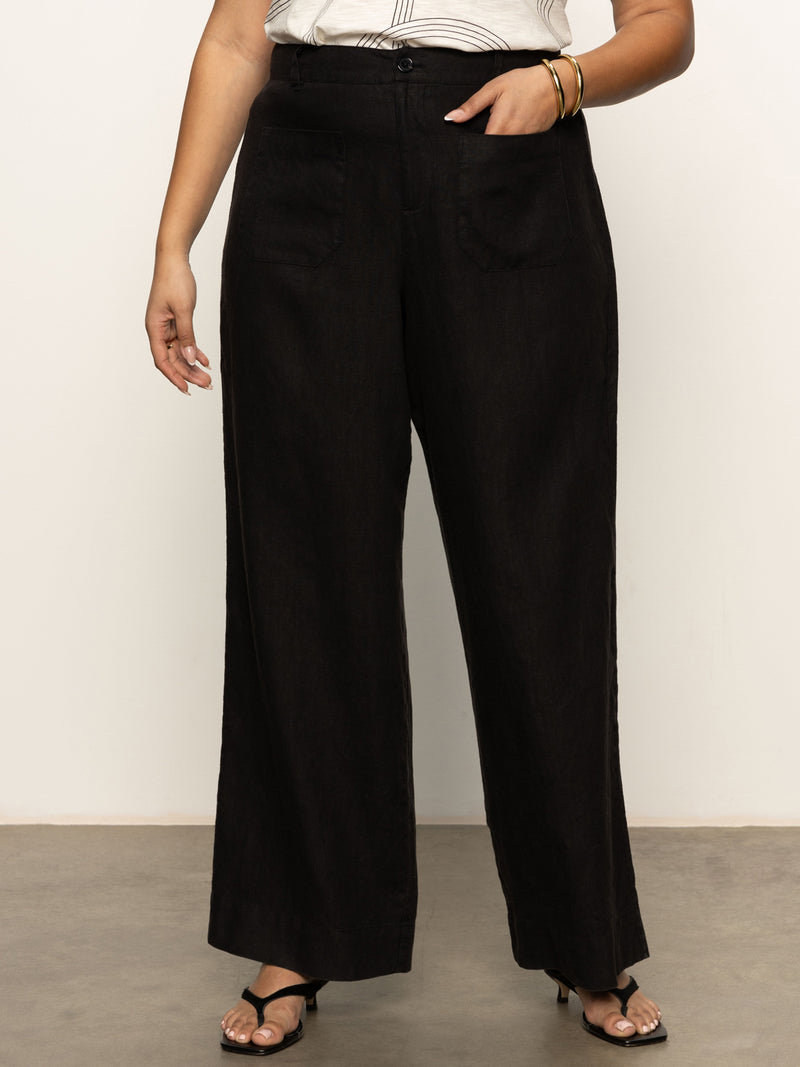 The Linen Marine Wide Leg Semi-High Rise Pant Black Extended Sizing alt 2