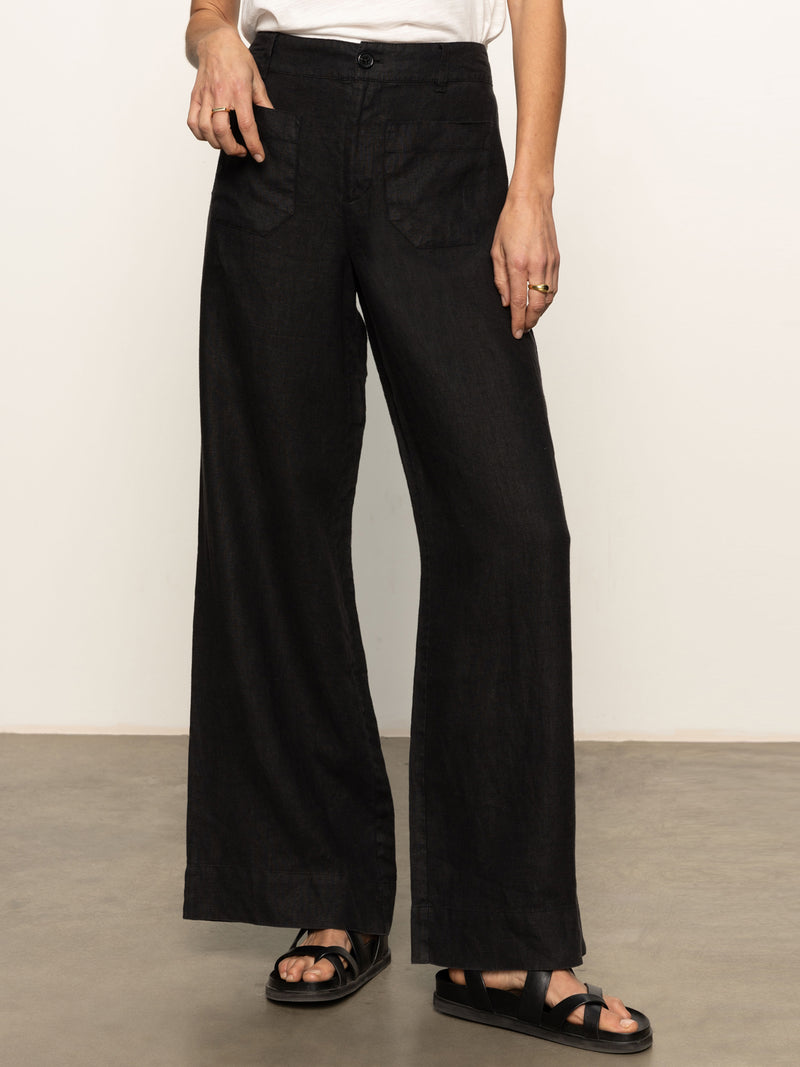 The Linen Marine Wide Leg Semi-High Rise Pant Black