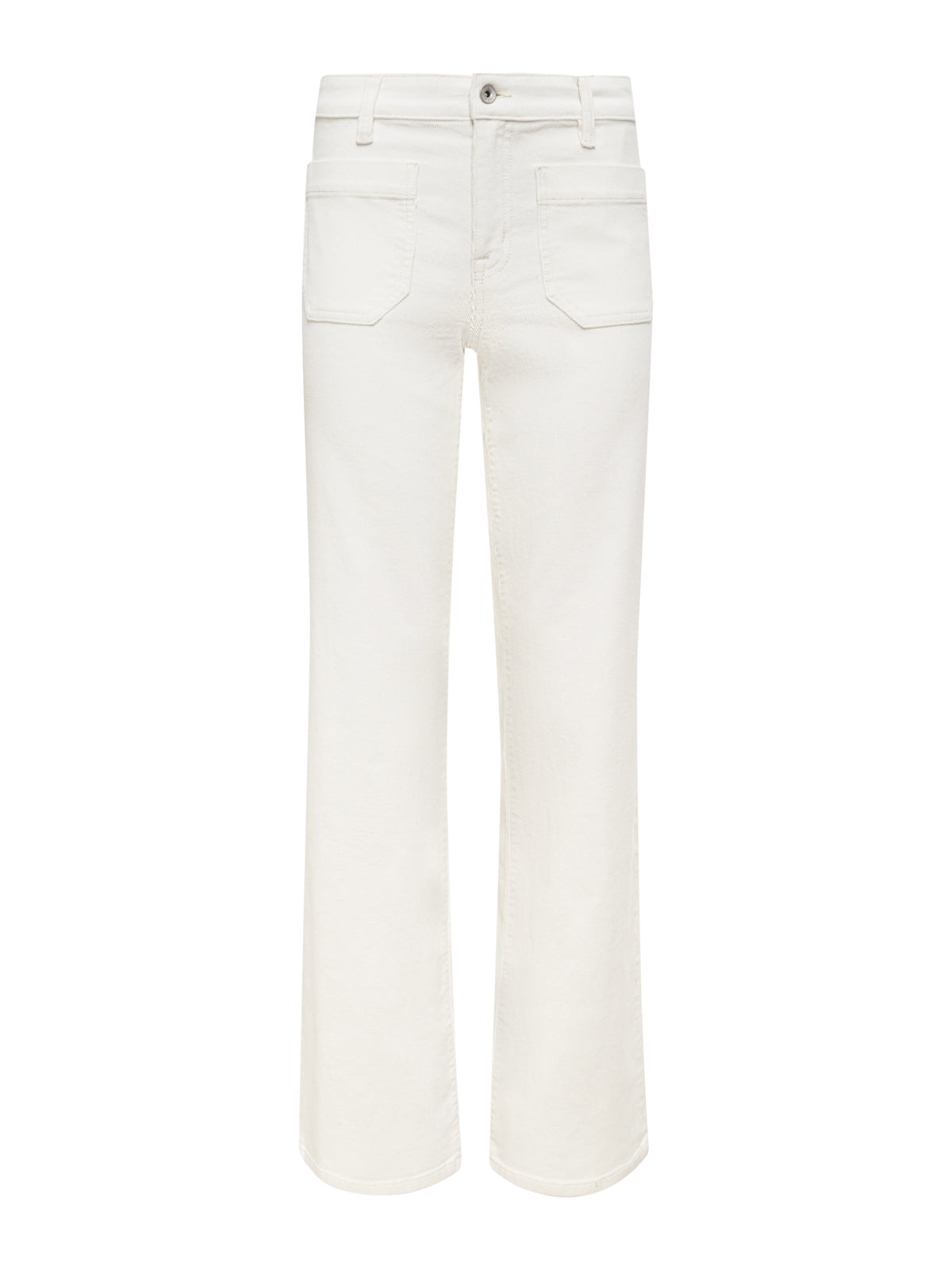 The Sanctuary Clothing corduroy marine pant in chalk features a high waist, straight legs, front patch pockets, belt loops, and a button-zip closure, shown on a plain white background.