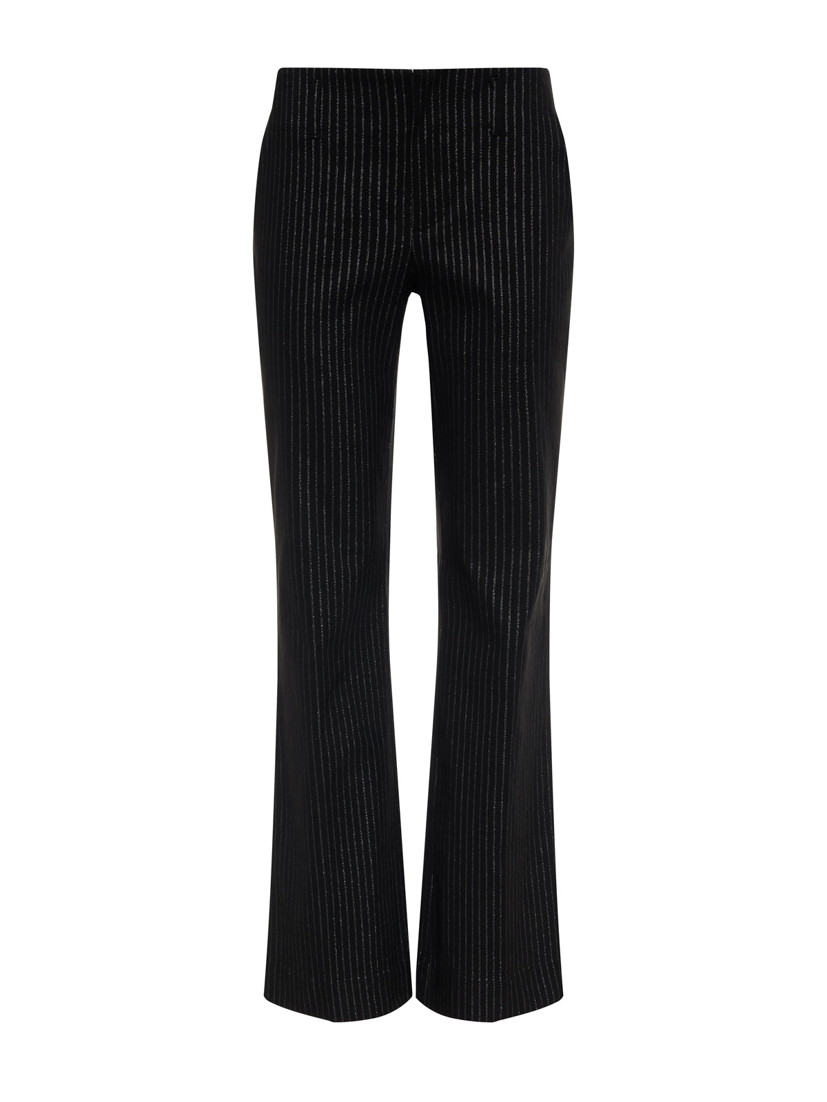 The Stunner Pant Luster Stripe by Sanctuary Clothing features a straight-leg fit, flat front waistband, and subtle white pinstripes, shown against a white background.
