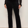 Person wearing black pants and a black top against a white background