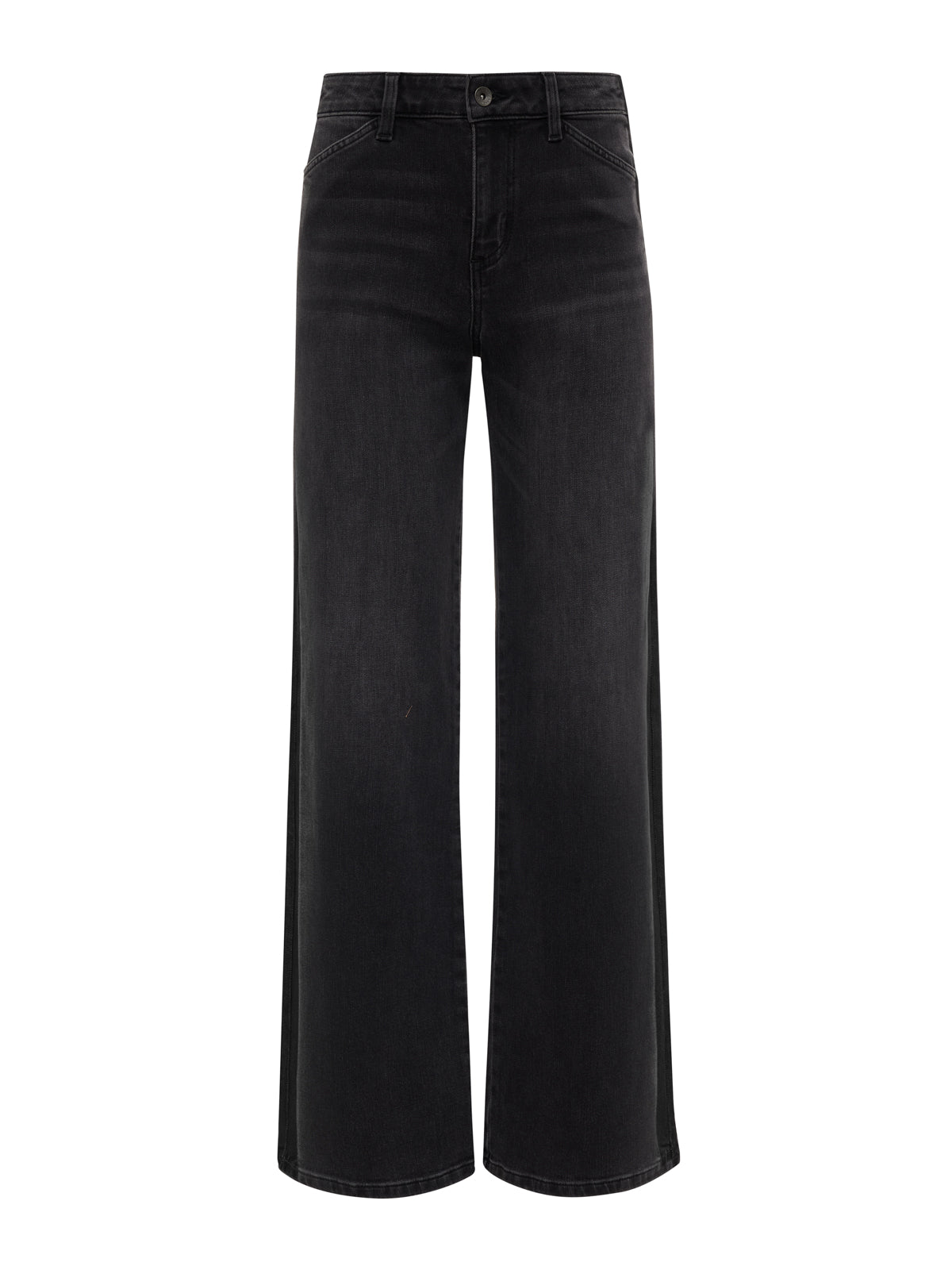The Sanctuary Clothing tuxedo relaxed straight jean black tie features a high waist, front button and zipper closure, and classic five-pocket design, shown against a white background.