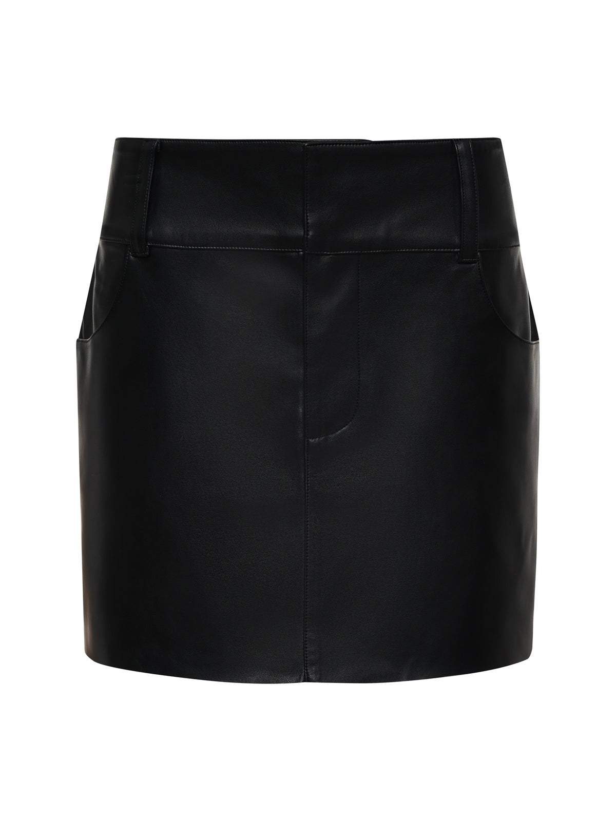 The Sanctuary Clothing Camden Skirt in black extended sizing features front pockets and belt loops, shown against a white background.