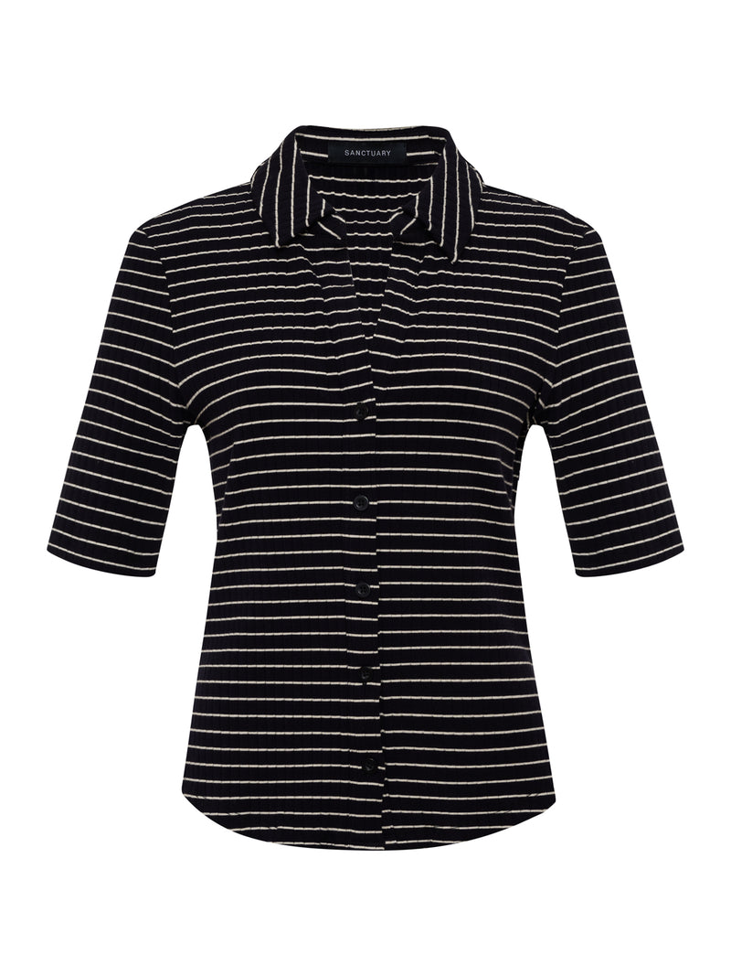 Half Sleeve Ribbed Knit Shirt Black Chalk Stripe alt 6