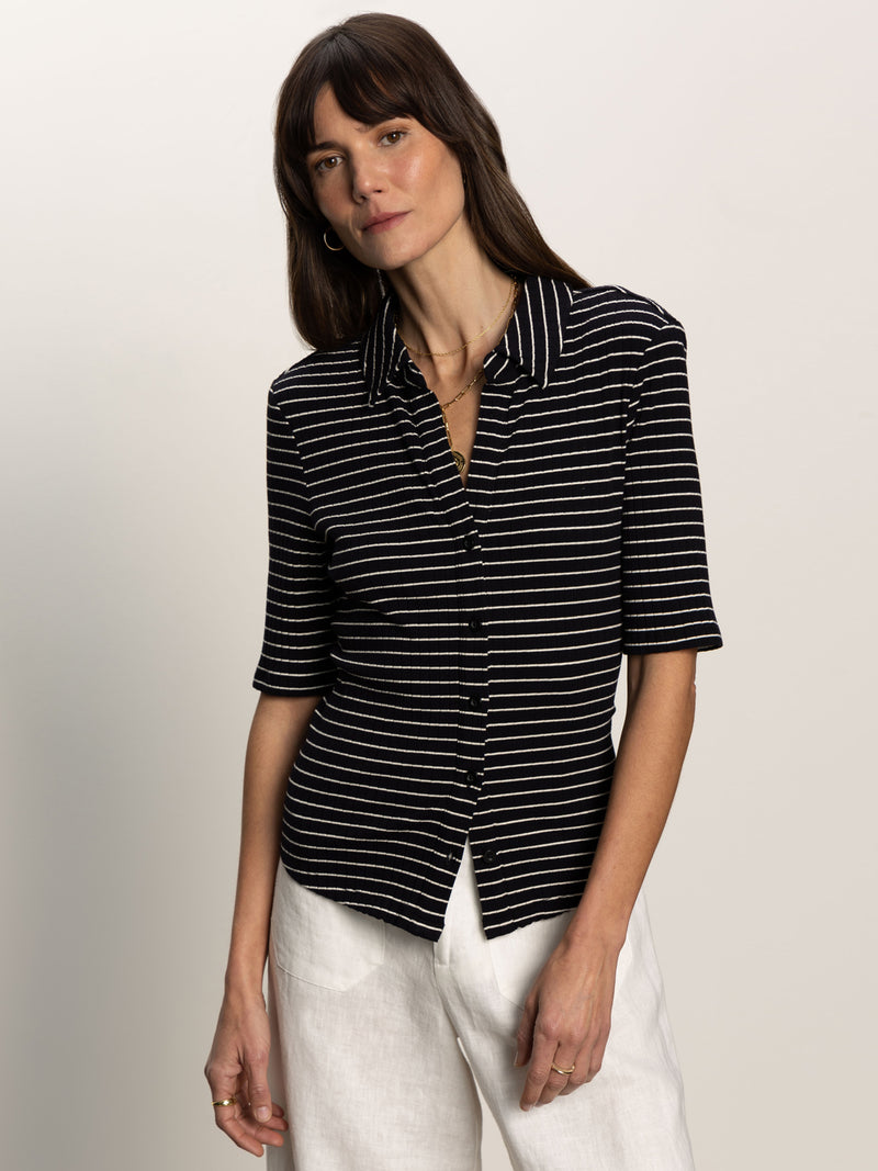 Half Sleeve Ribbed Knit Shirt Black Chalk Stripe alt 3