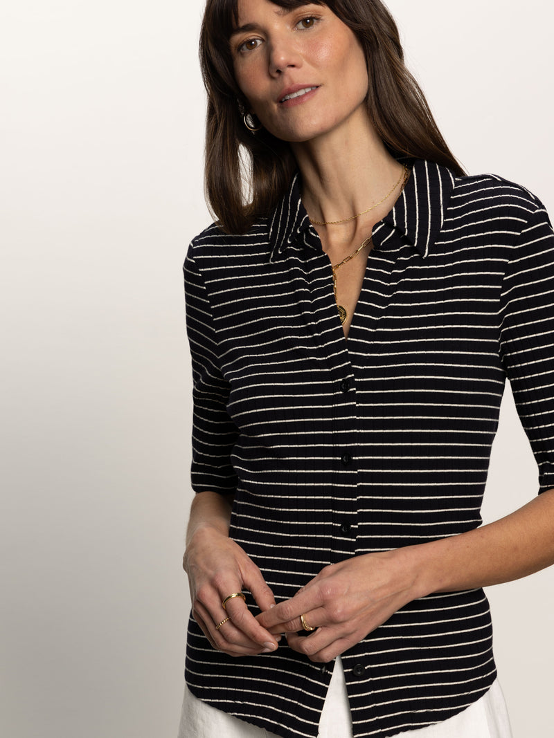 Half Sleeve Ribbed Knit Shirt Black Chalk Stripe