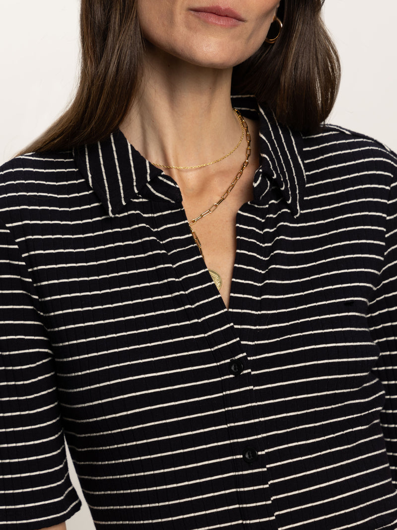 Half Sleeve Ribbed Knit Shirt Black Chalk Stripe alt 1
