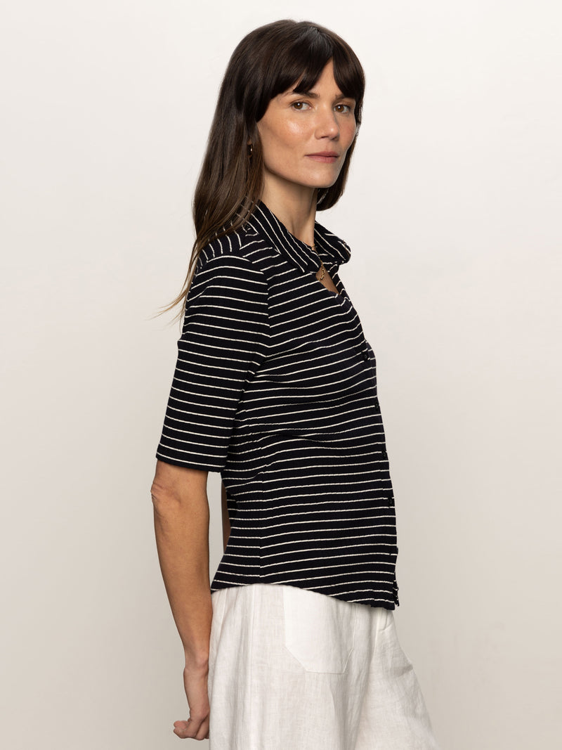 Half Sleeve Ribbed Knit Shirt Black Chalk Stripe alt 4