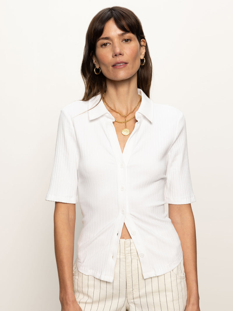 Half Sleeve Ribbed Knit Shirt White