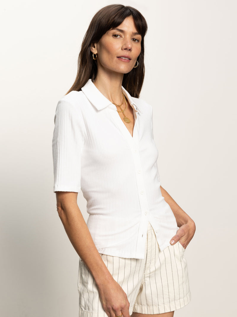 Half Sleeve Ribbed Knit Shirt White alt 3