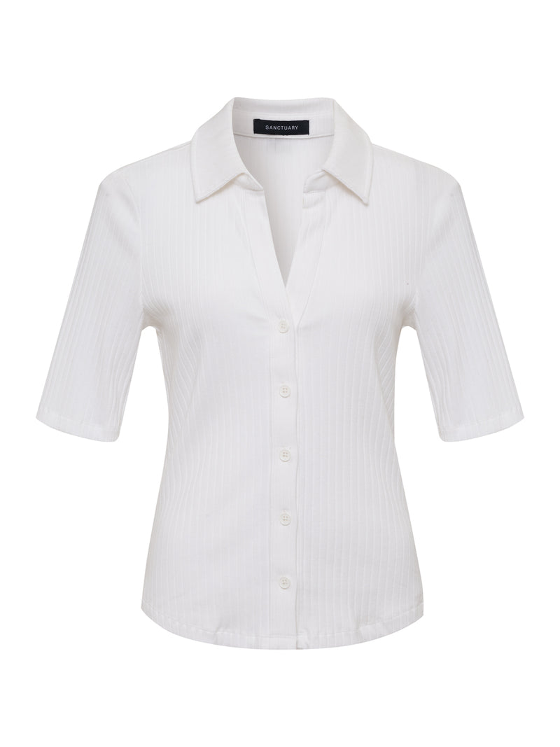 Half Sleeve Ribbed Knit Shirt White alt 6