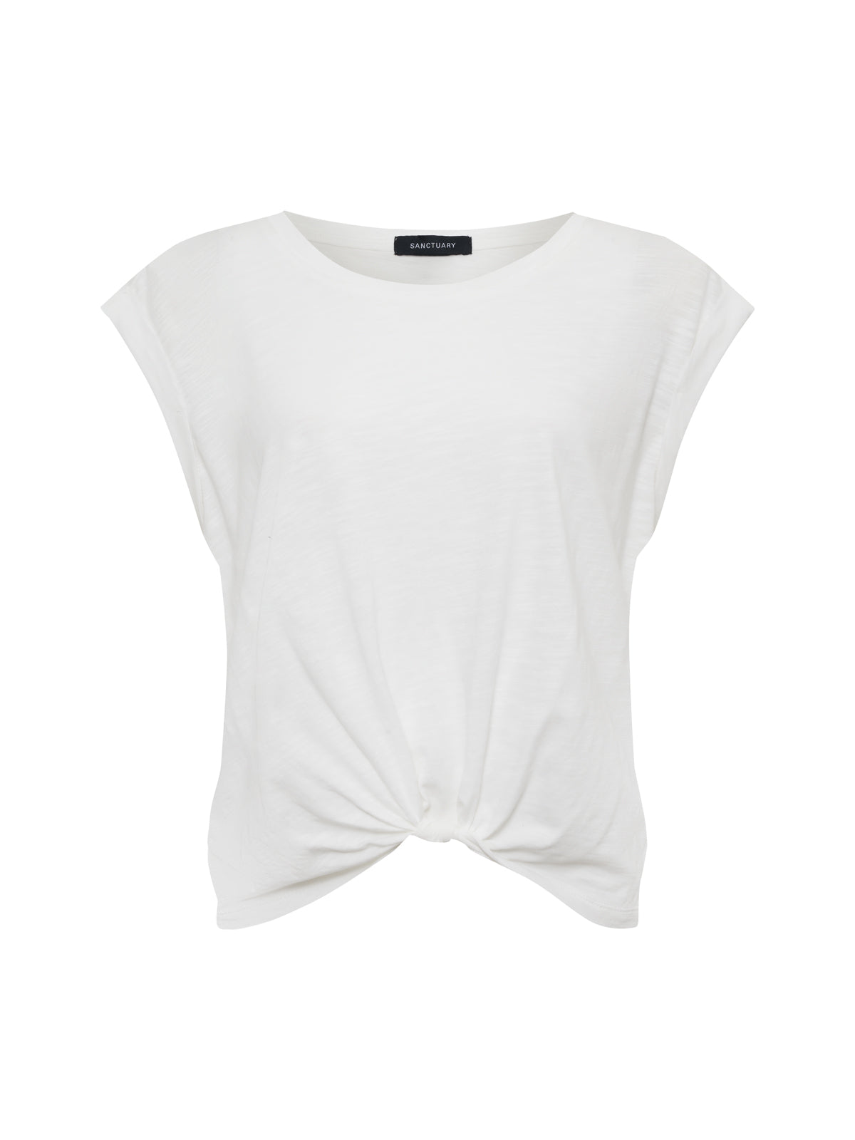 The Sanctuary Clothing knotted muscle tee in white, featuring extended sizing, has short sleeves, a round neckline, and a front knot detail at the hem, shown on a white background.