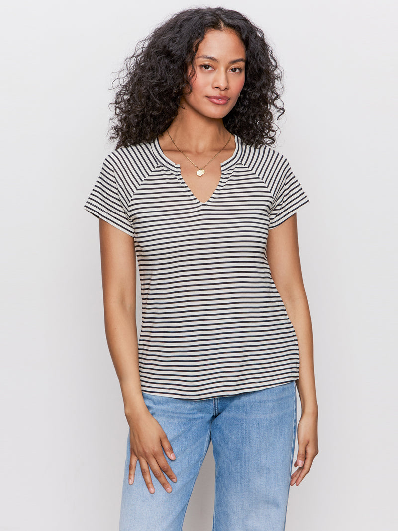 Notch Neck Tee Light Oat/Black Stripe