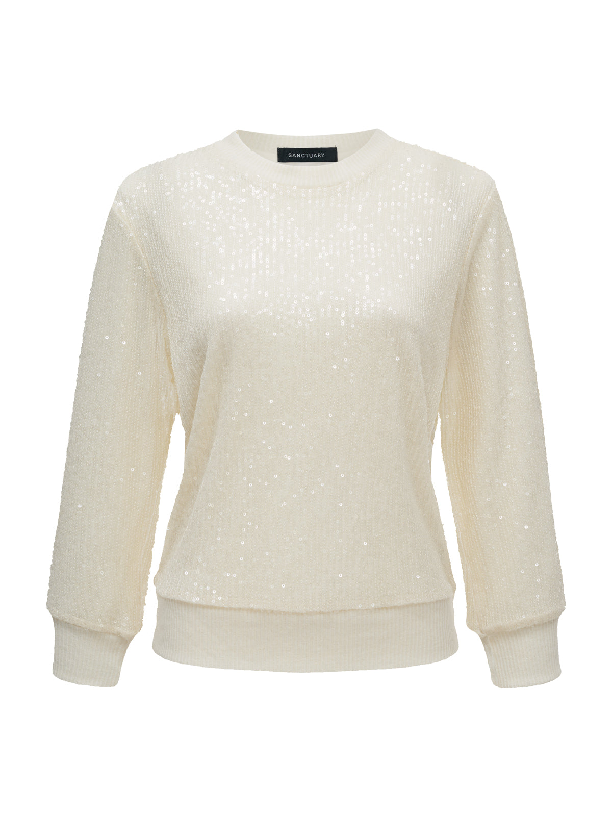 The relaxed sparkle popover chalk by Sanctuary Clothing is a cream-colored, long-sleeve sequin sweater with a crew neckline and ribbed cuffs and hem, shown on a plain white background.