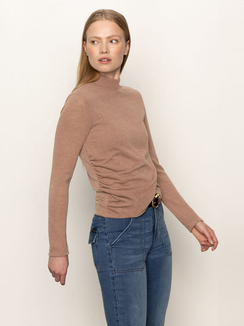Long Sleeve Draped Mock Neck Top Mocha alt 2