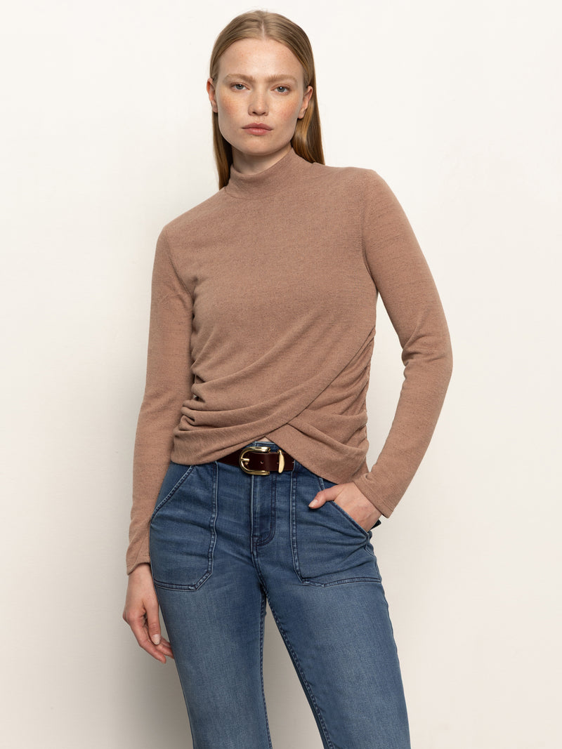 Long Sleeve Draped Mock Neck Top Mocha