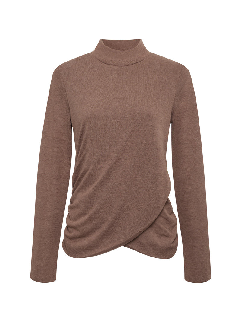 Long Sleeve Draped Mock Neck Top Mocha alt 6