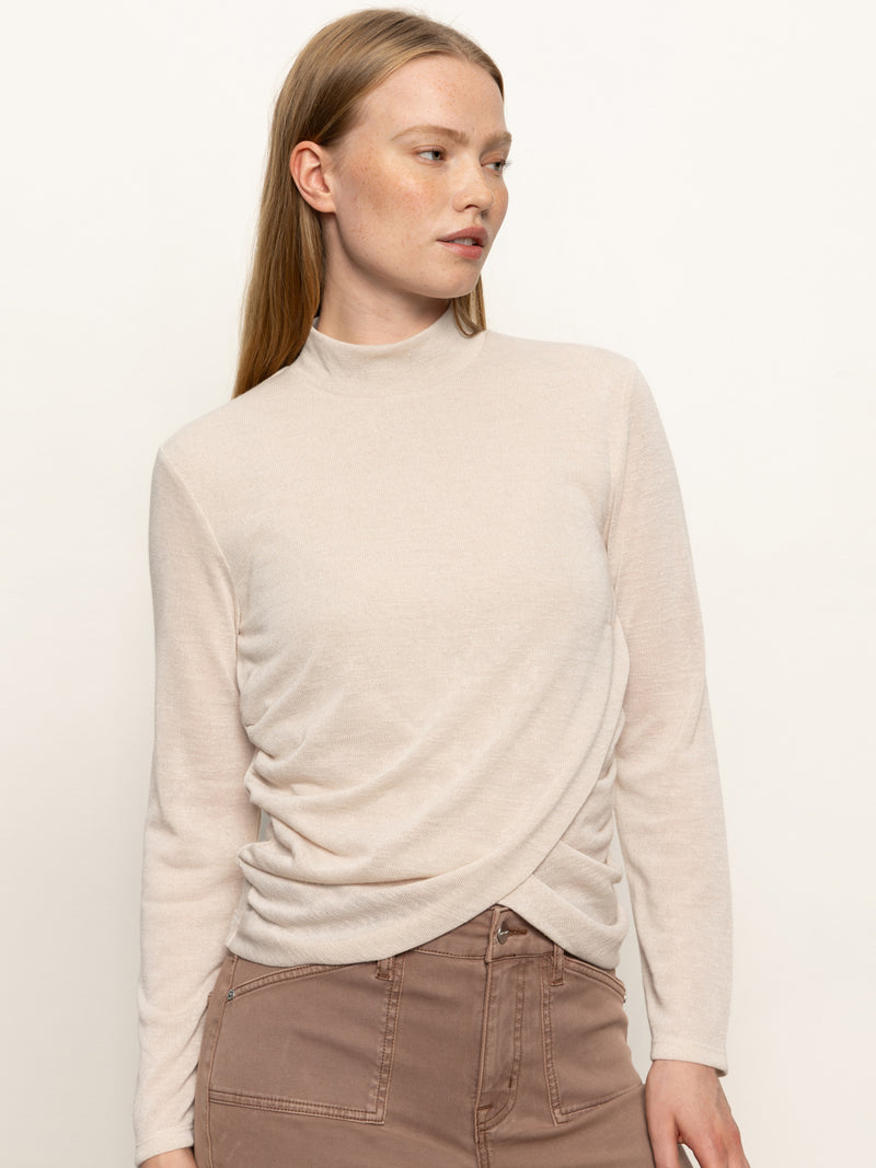 Long Sleeve Draped Mock Neck Top Mother Of Pearl