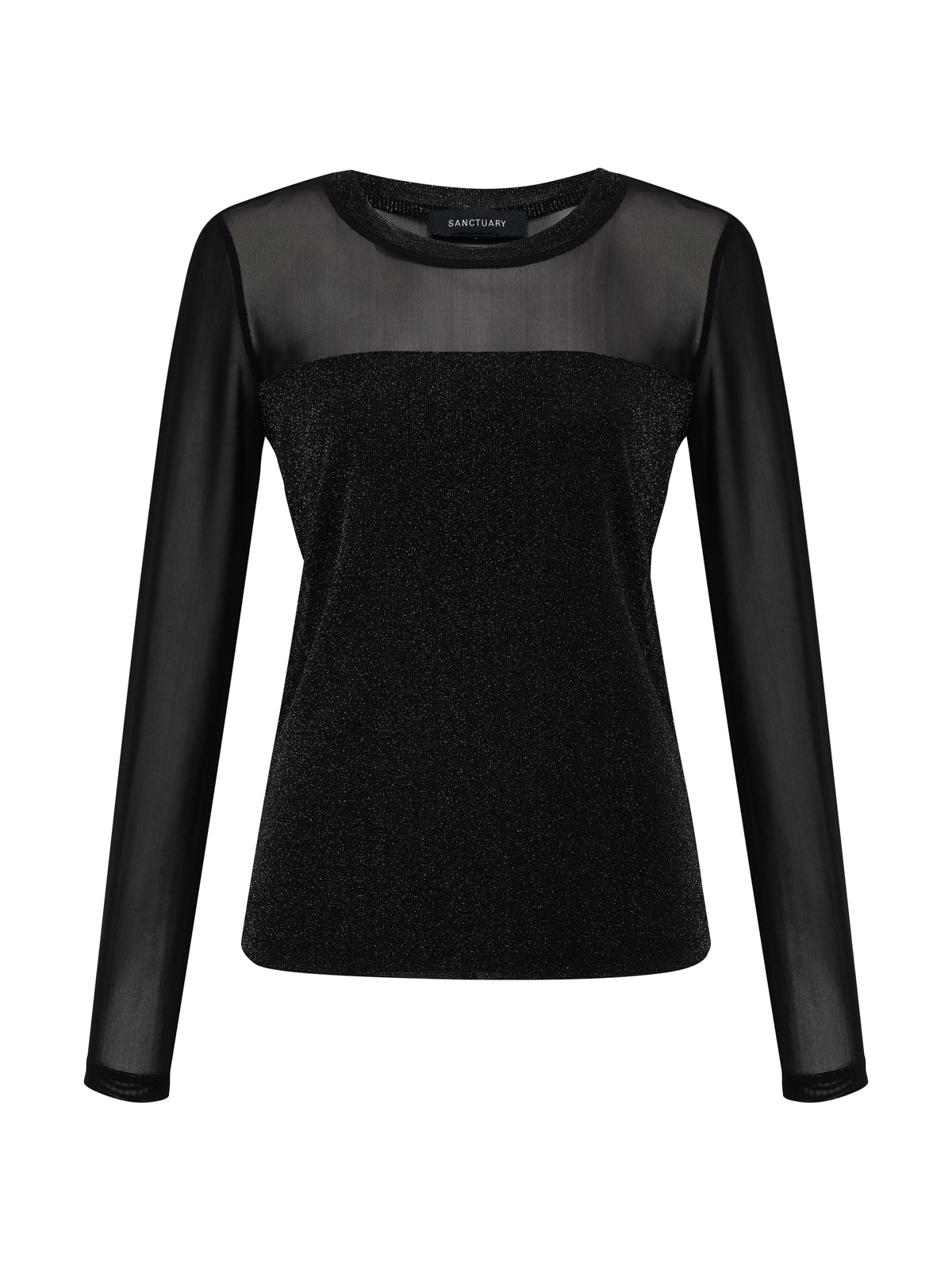 The Sanctuary Clothing sparkle mesh crew tee in black features sheer mesh sleeves and an upper chest panel, with a subtly shimmering opaque bodice. This long-sleeve tee has a simple, modern design and is shown on a white background.