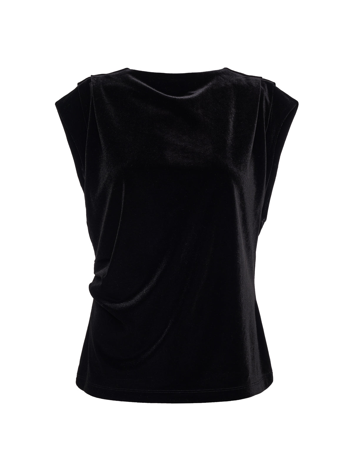The Sanctuary Clothing pleated sleeveless top in black features a round neckline and subtle side draping, shown against a plain white background.
