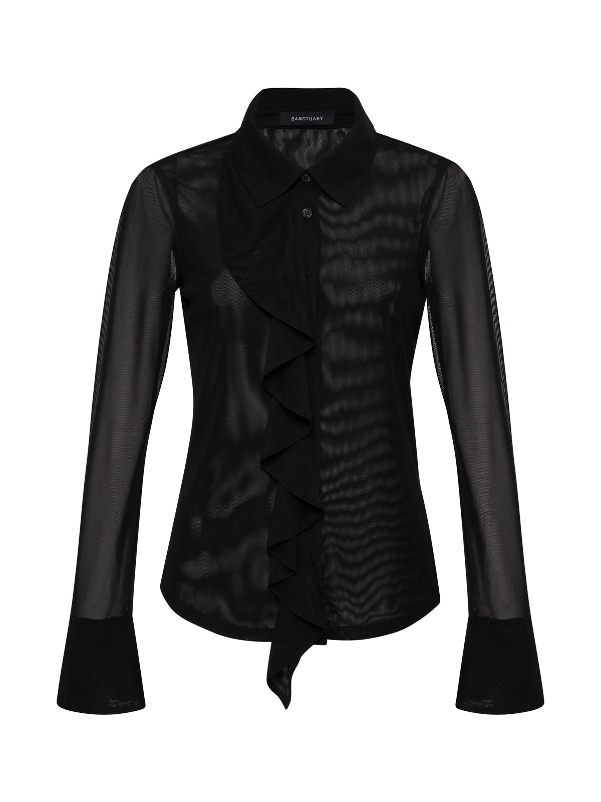 The Sanctuary Clothing dreamland ruffle top in black features sheer long sleeves, a pointed collar, ruffled front detail, and flared cuffs.
