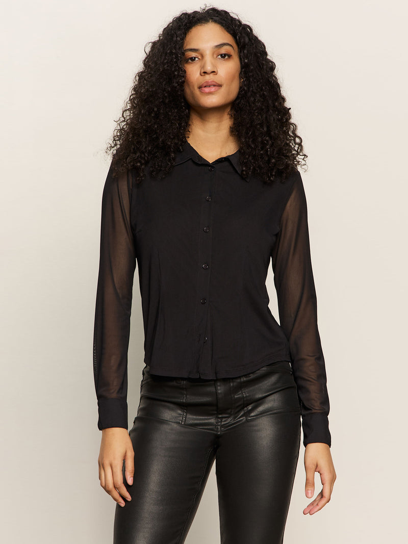 Fitted Mesh Button Down Top Black alt 1