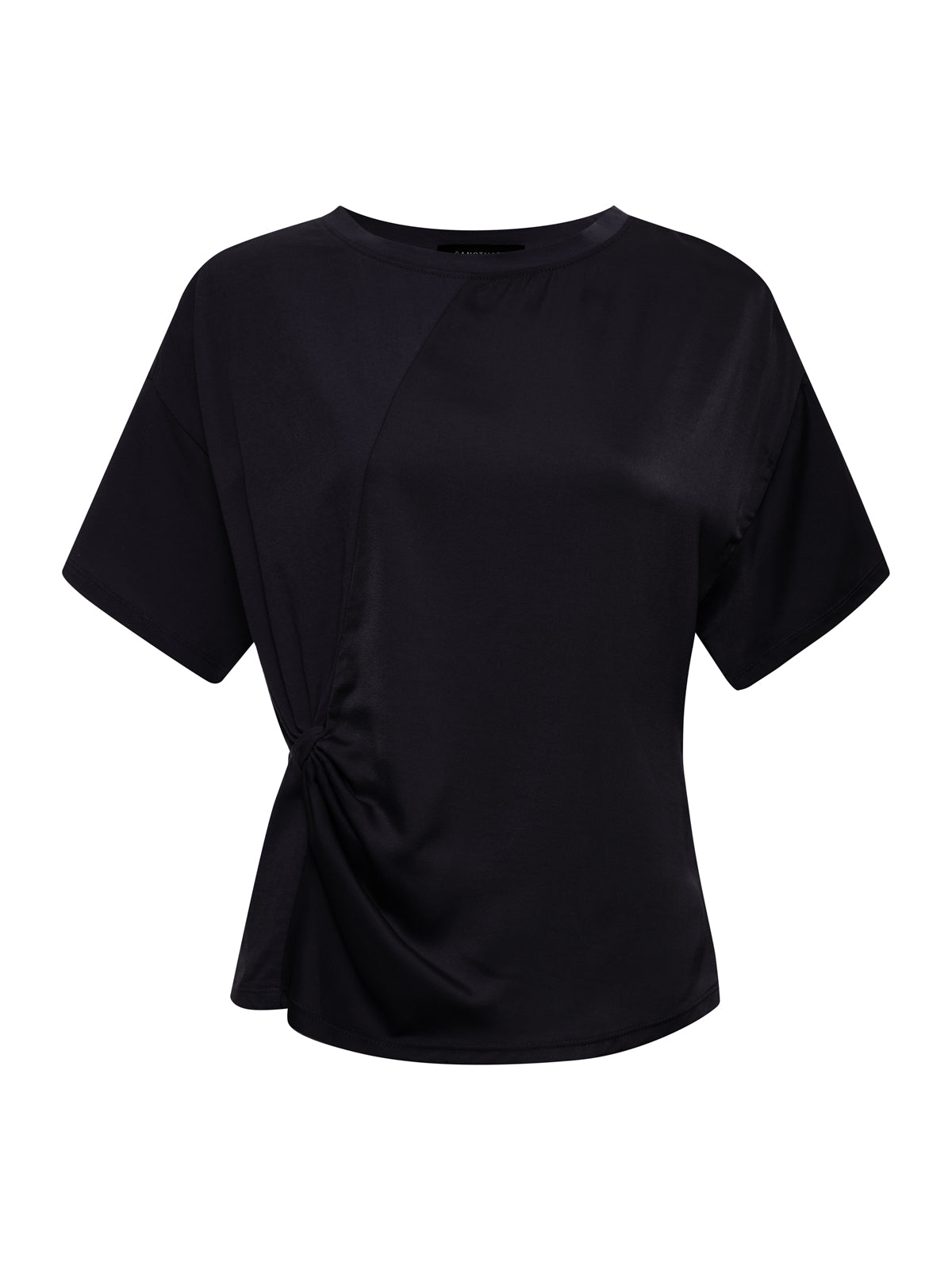 The Sanctuary Clothing satin mix tee black is a short-sleeve blouse with a round neckline and an asymmetrical gathered detail on one side, shown on a white background.