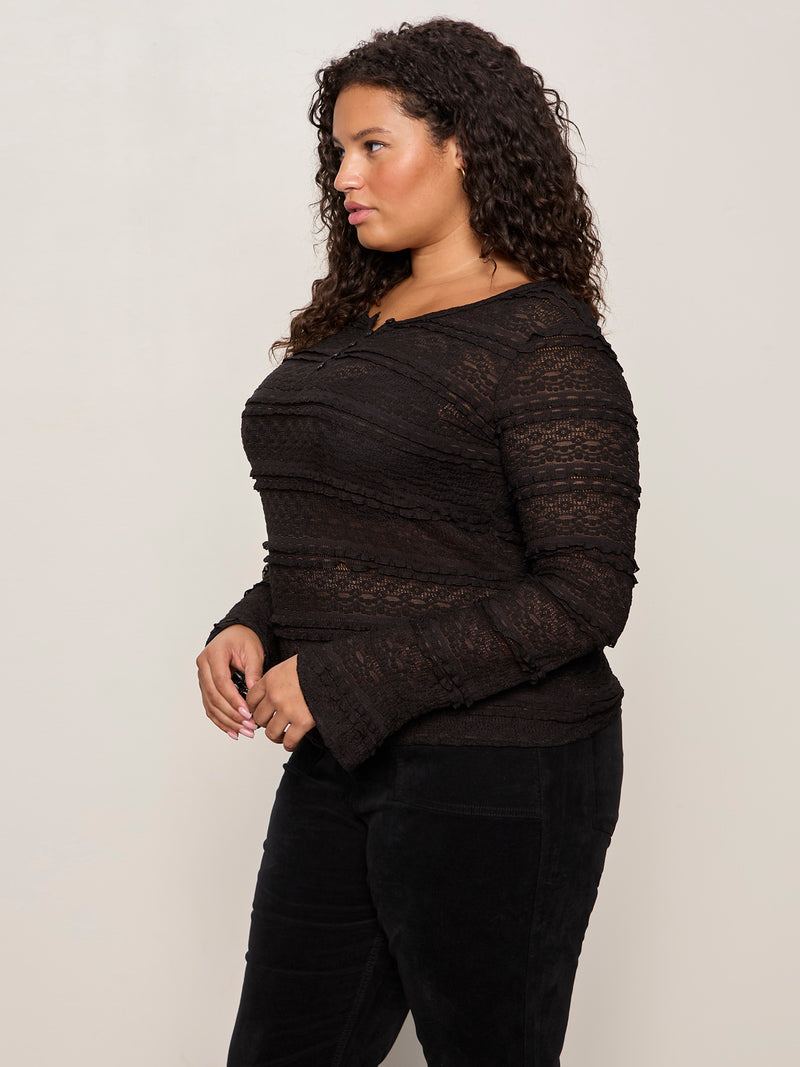 Lovely Lace Button Front Top Black Extended Sizing alt 3