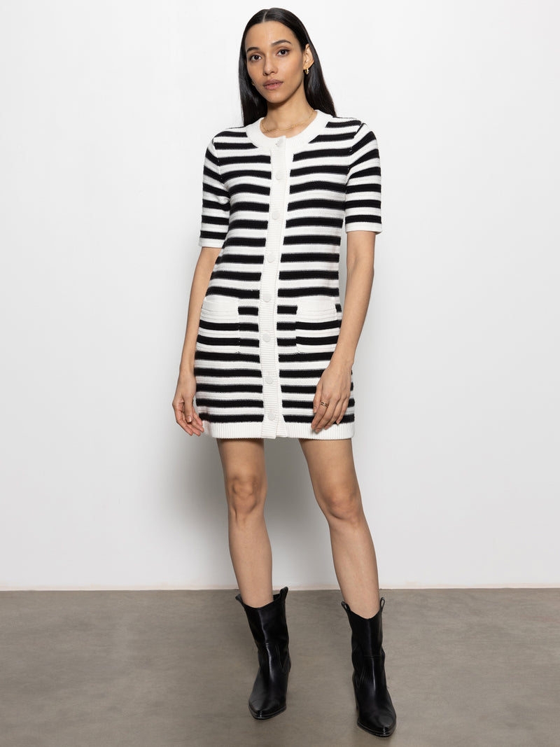 Button Front Knitted Dress Chalk And Black Stripe alt 5