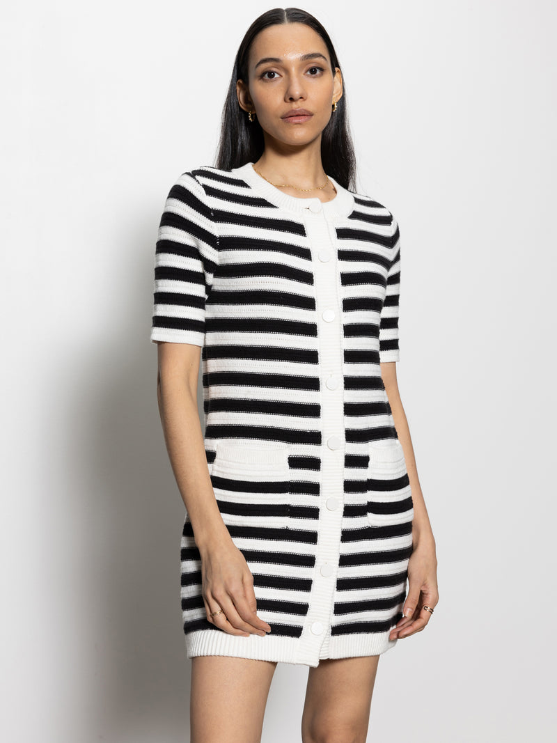 Button Front Knitted Dress Chalk And Black Stripe alt 4