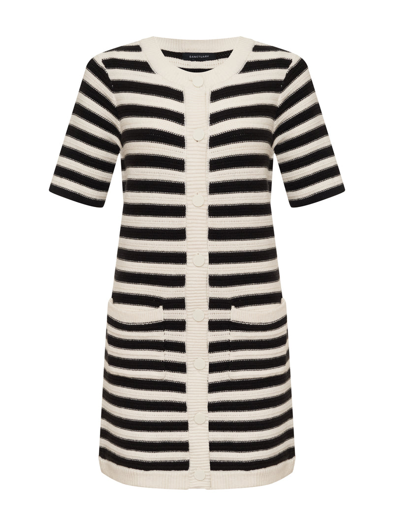 Button Front Knitted Dress Chalk And Black Stripe alt 6