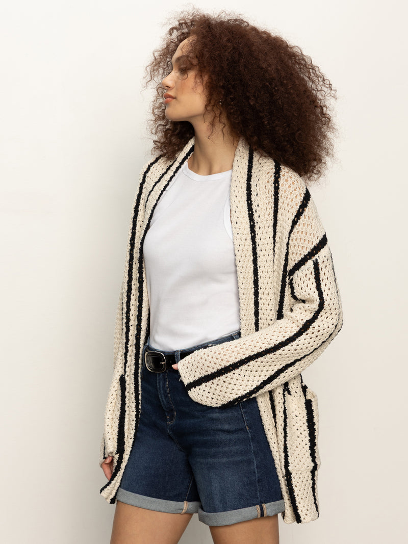 Openwork Beach Cardi Chalk Black Stripe alt 1