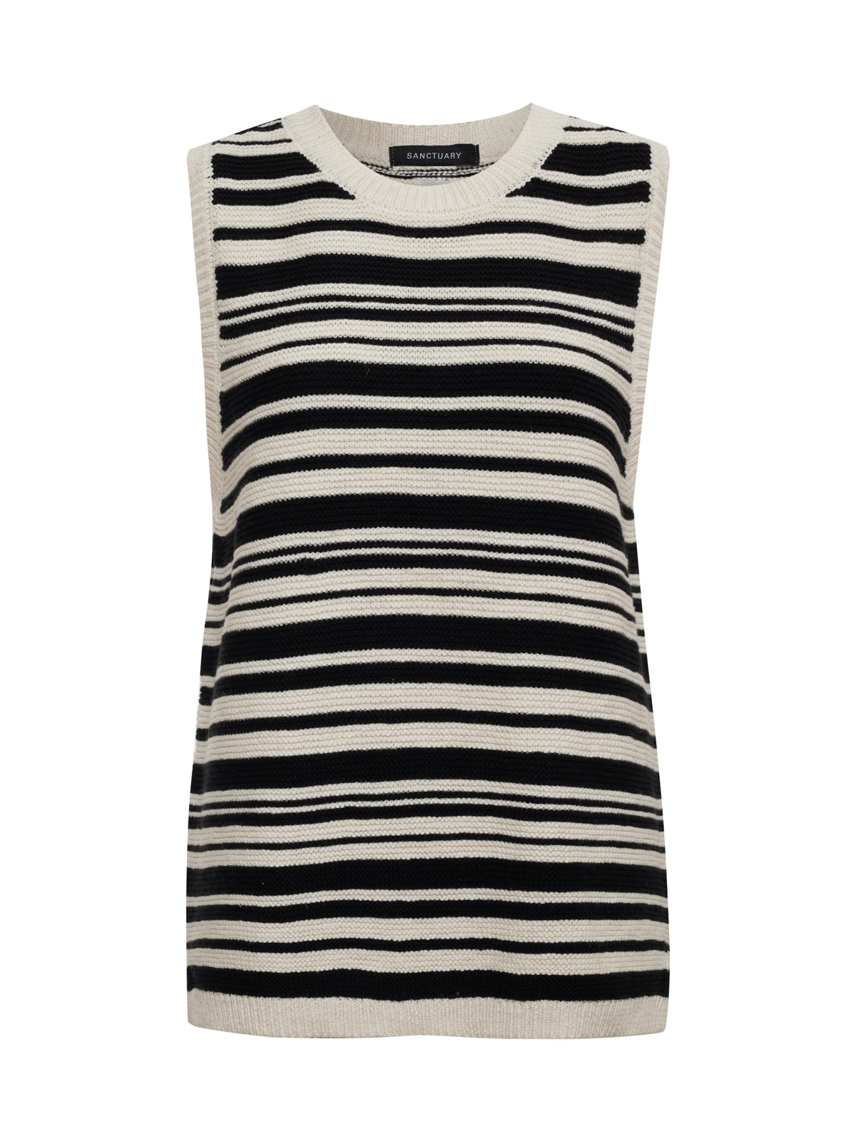 The modern sweater shell black macrame by Sanctuary Clothing is a sleeveless knit vest with a round neckline, relaxed fit, and black and white horizontal stripes in varying thicknesses.